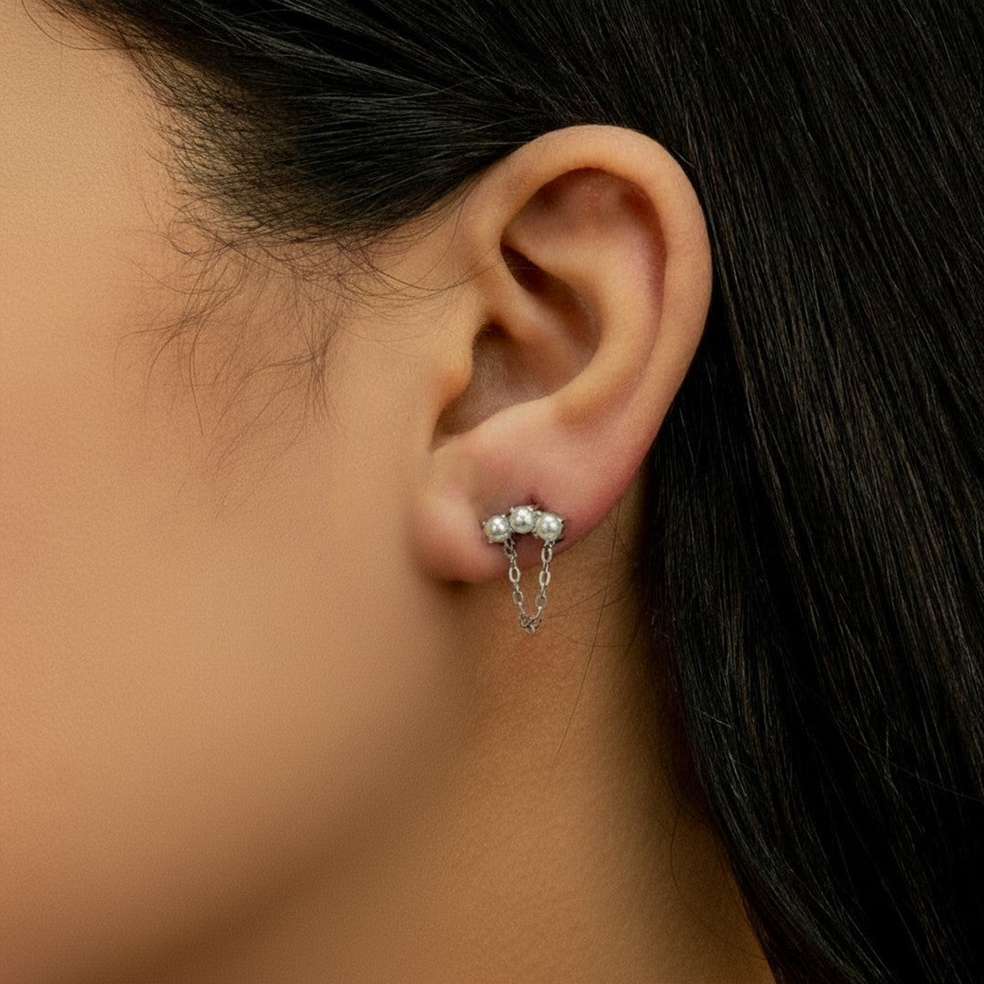 SIMPLE TRIPLE PEARL STUD SILVER EARRING