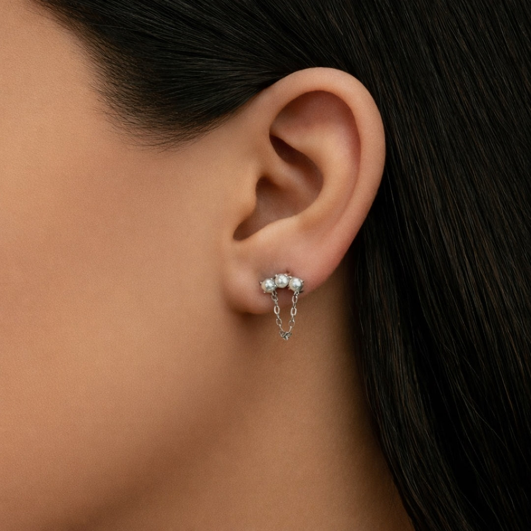 SIMPLE TRIPLE PEARL STUD SILVER EARRING