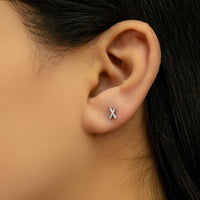 LETTER (X) ROUND STONED STUD SILVER EARRING