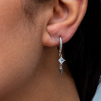 DROPPING SQUARE & ROUND STONES HOOP SILVER EARRING