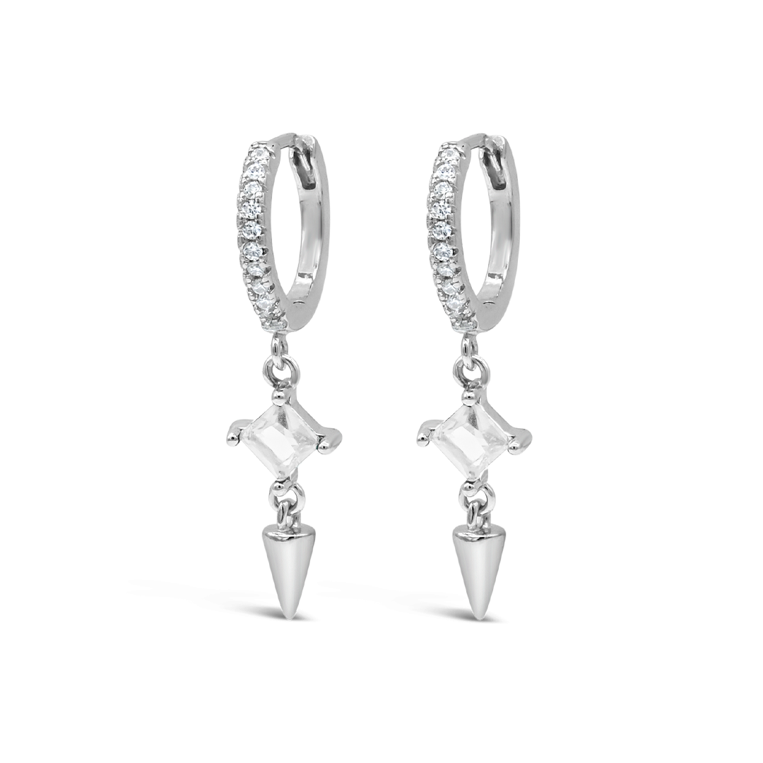 DROPPING SQUARE & ROUND STONES HOOP SILVER EARRING