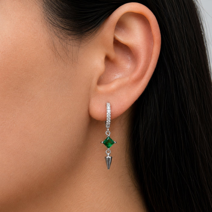 DROPPING SQUARE & ROUND STONES HOOP SILVER EARRING