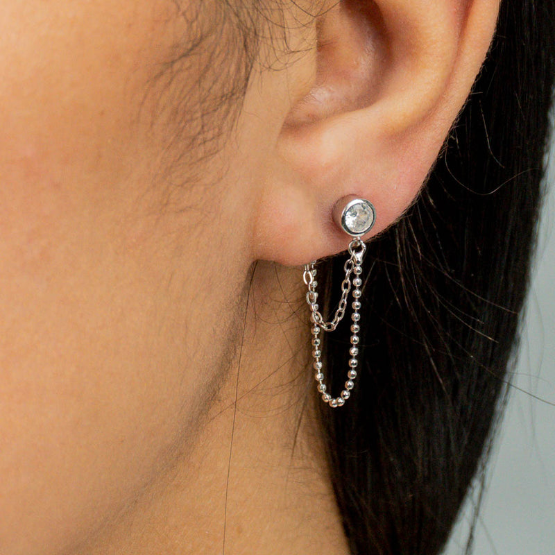 DOUBLE LAYERED ROUND STONE STUD SILVER EARRING