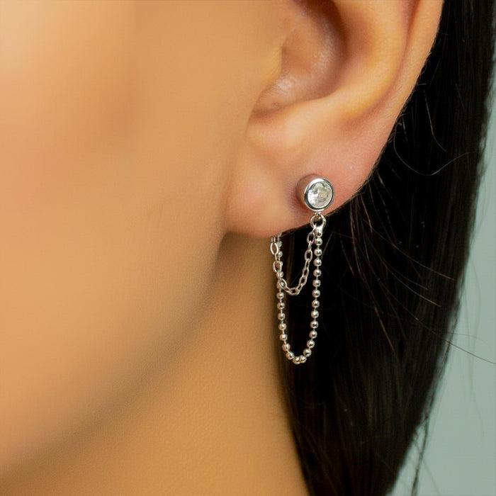 DOUBLE LAYERED ROUND STONE STUD SILVER EARRING