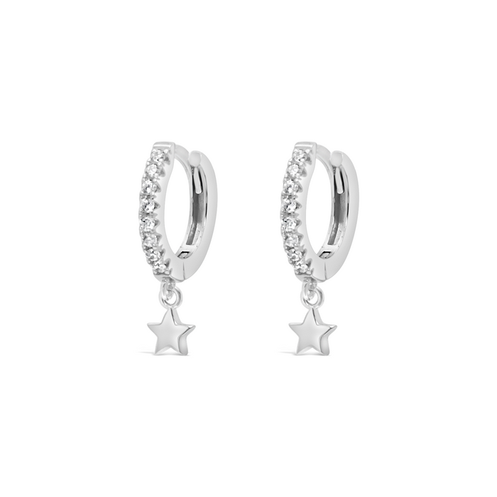 STAR SHAPED ROUND STONED HOOP SILVER EARRING