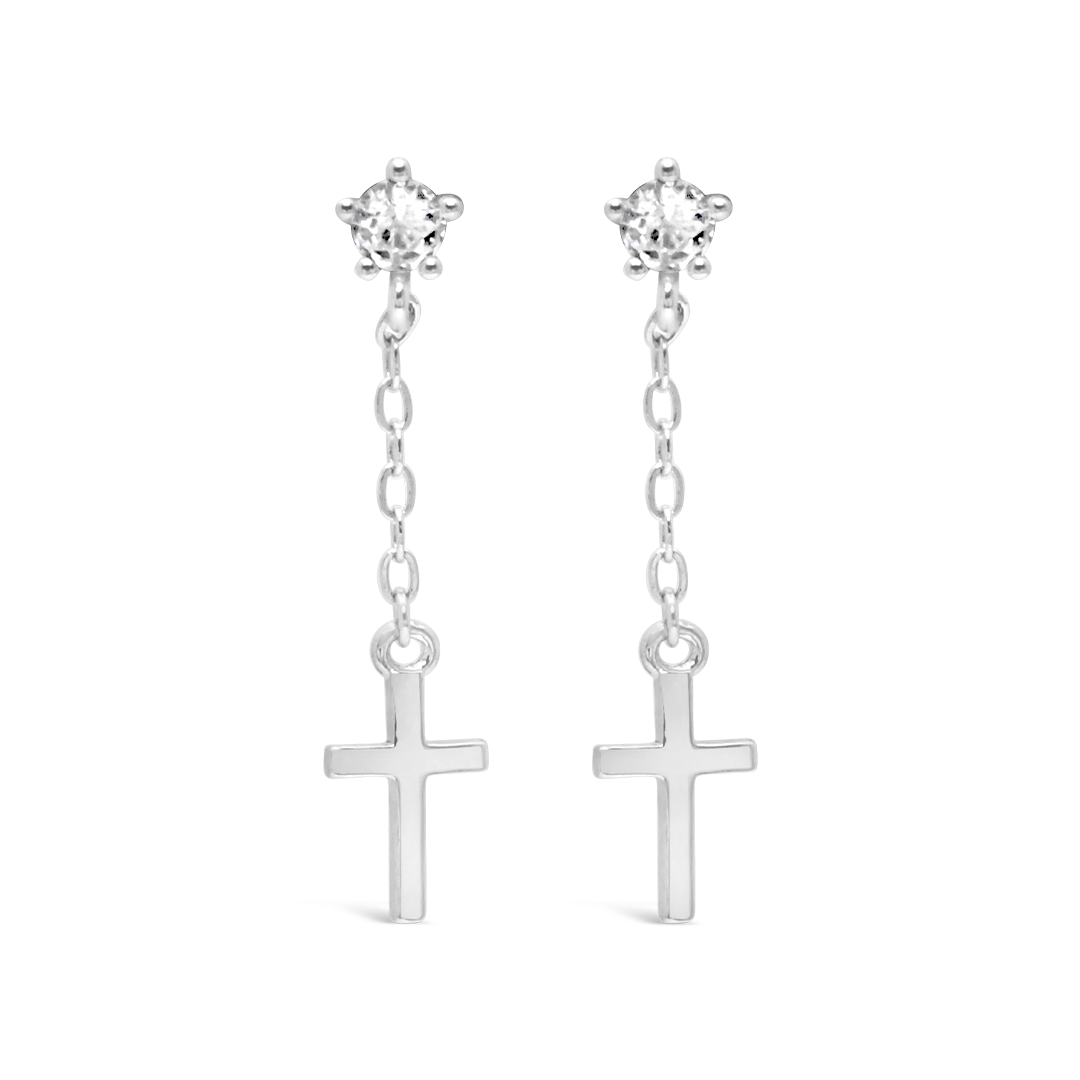 DROPPING CROSS SHAPED STUD SILVER EARRING