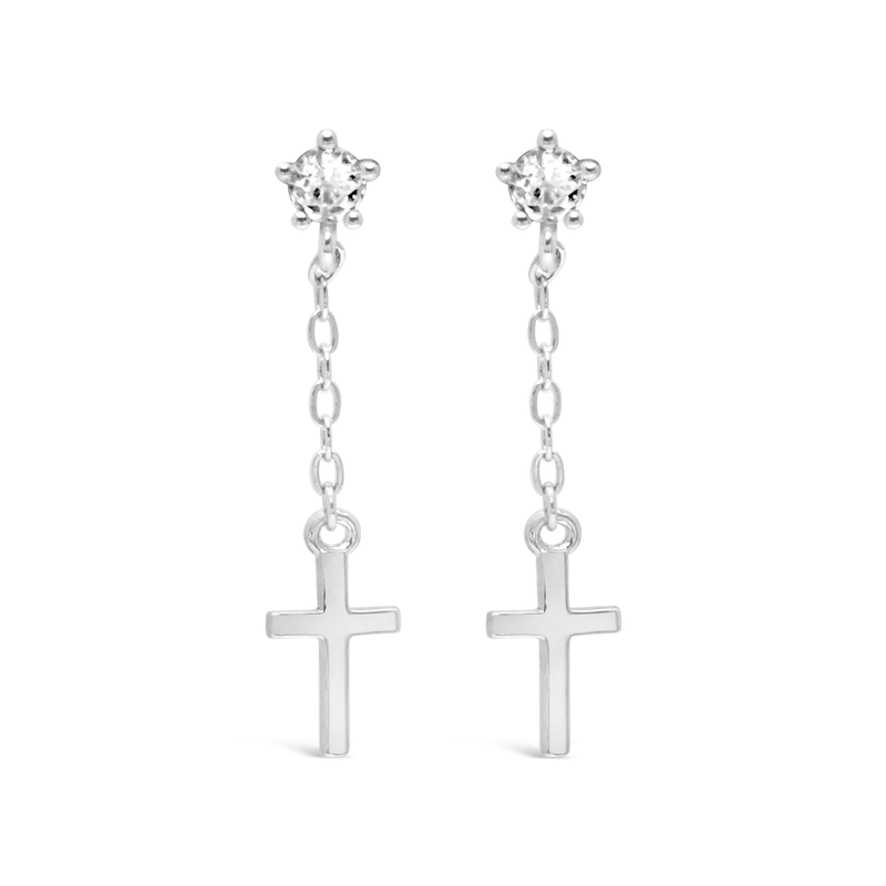 DROPPING CROSS SHAPED STUD SILVER EARRING