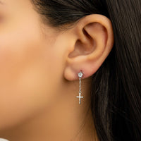 DROPPING CROSS SHAPED STUD SILVER EARRING