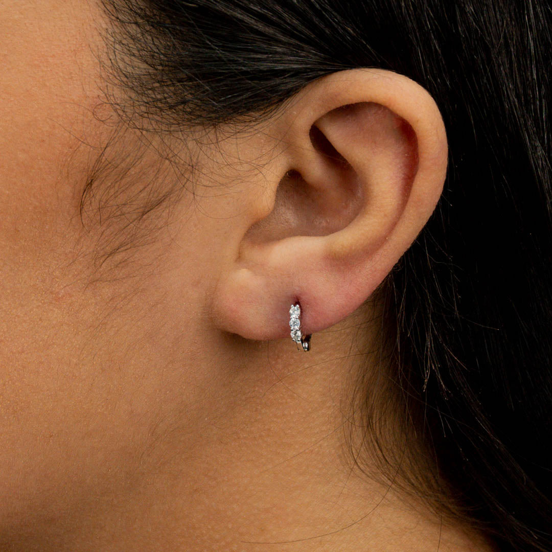 SIMPLE ROUND STONED HOOP SILVER EARRING