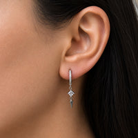 DROPPING SQUARE & ROUND STONES HOOP SILVER EARRING