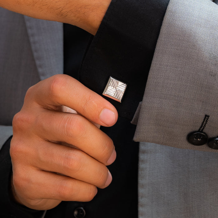 SQUARE GEOMETRIC CHEVRON MEN SILVER CUFFLINKS