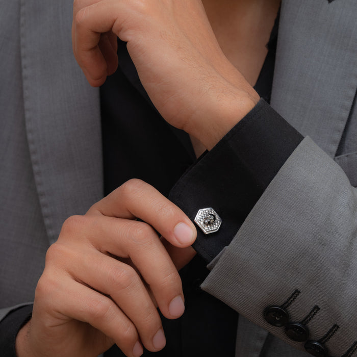 BLACK STONED SKULL SHAPE MEN SILVER CUFFLINKS