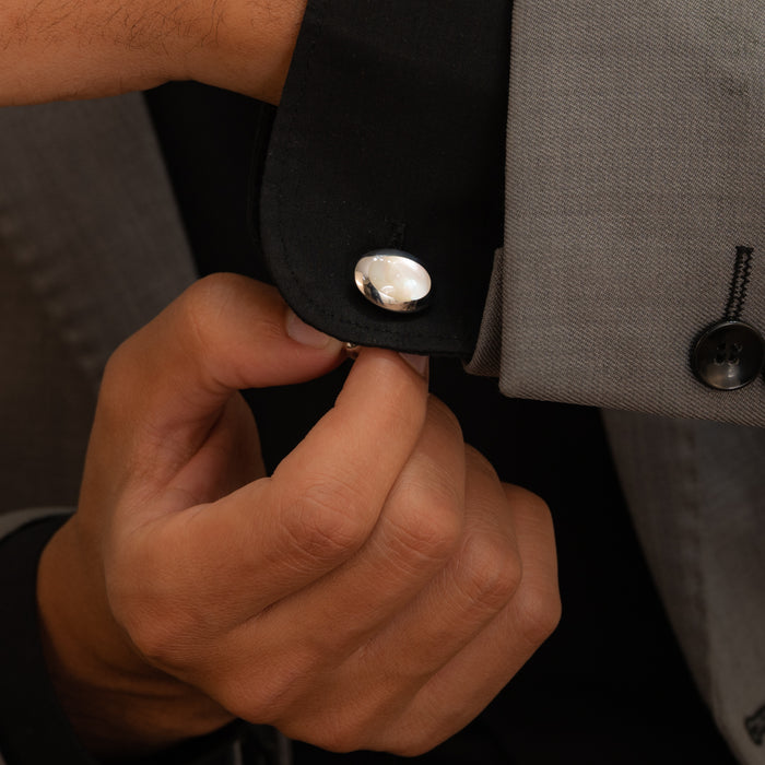 OVAL MIRROR WHITE MEN SILVER CUFFLINKS
