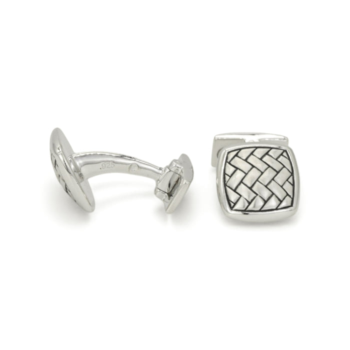 BASKETWEAVE CUSHION SHAPE MEN SILVER CUFFLINKS