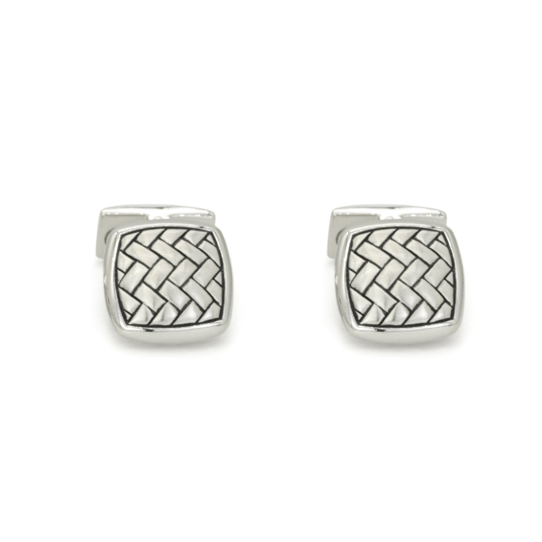 BASKETWEAVE CUSHION SHAPE MEN SILVER CUFFLINKS