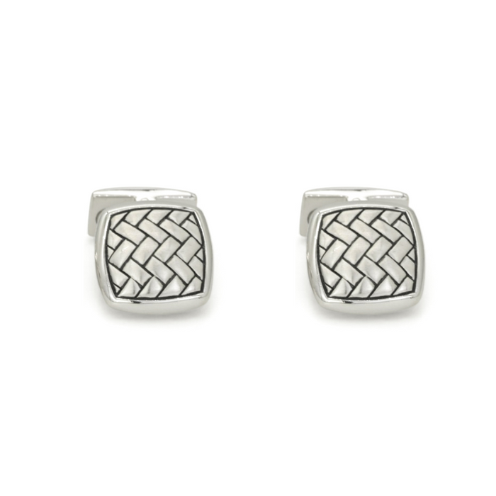 BASKETWEAVE CUSHION SHAPE MEN SILVER CUFFLINKS