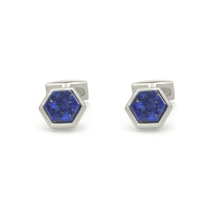 BLUE PENTANGON SHAPE MEN SILVER CUFFLINKS