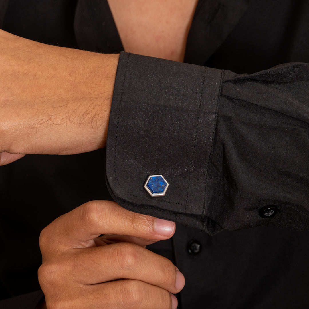 BLUE PENTANGON SHAPE MEN SILVER CUFFLINKS