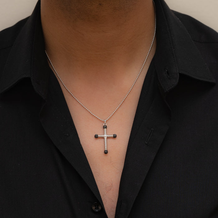 BLACK BEADED CROSS MEN SILVER NECKLACE