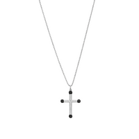 BLACK BEADED CROSS MEN SILVER NECKLACE