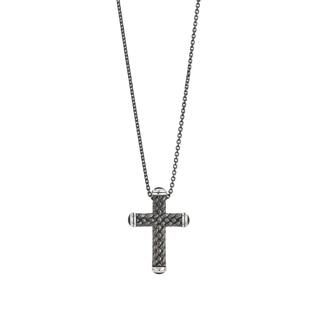 CROSS BLACK BRAIDS SHAPE MEN SILVER NECKLACE