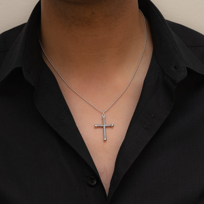 CROSS BEADED MEN SILVER NECKLACE