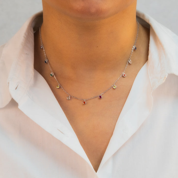 DROPPING MULTICOLORED ROUND STONED SILVER NECKLACE