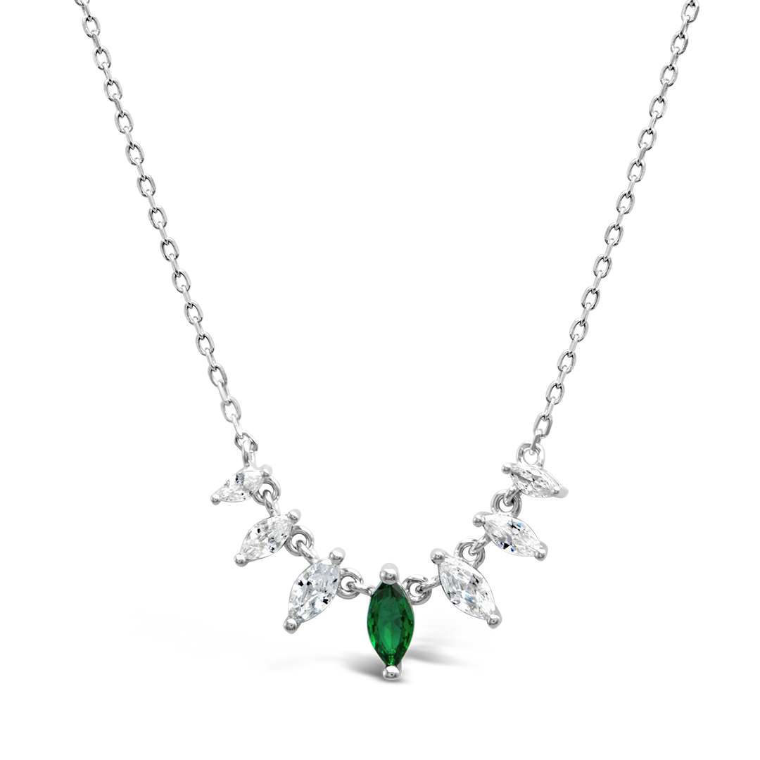 EMERALD & COLORLESS MARQUISE STONES SILVER NECKLACE