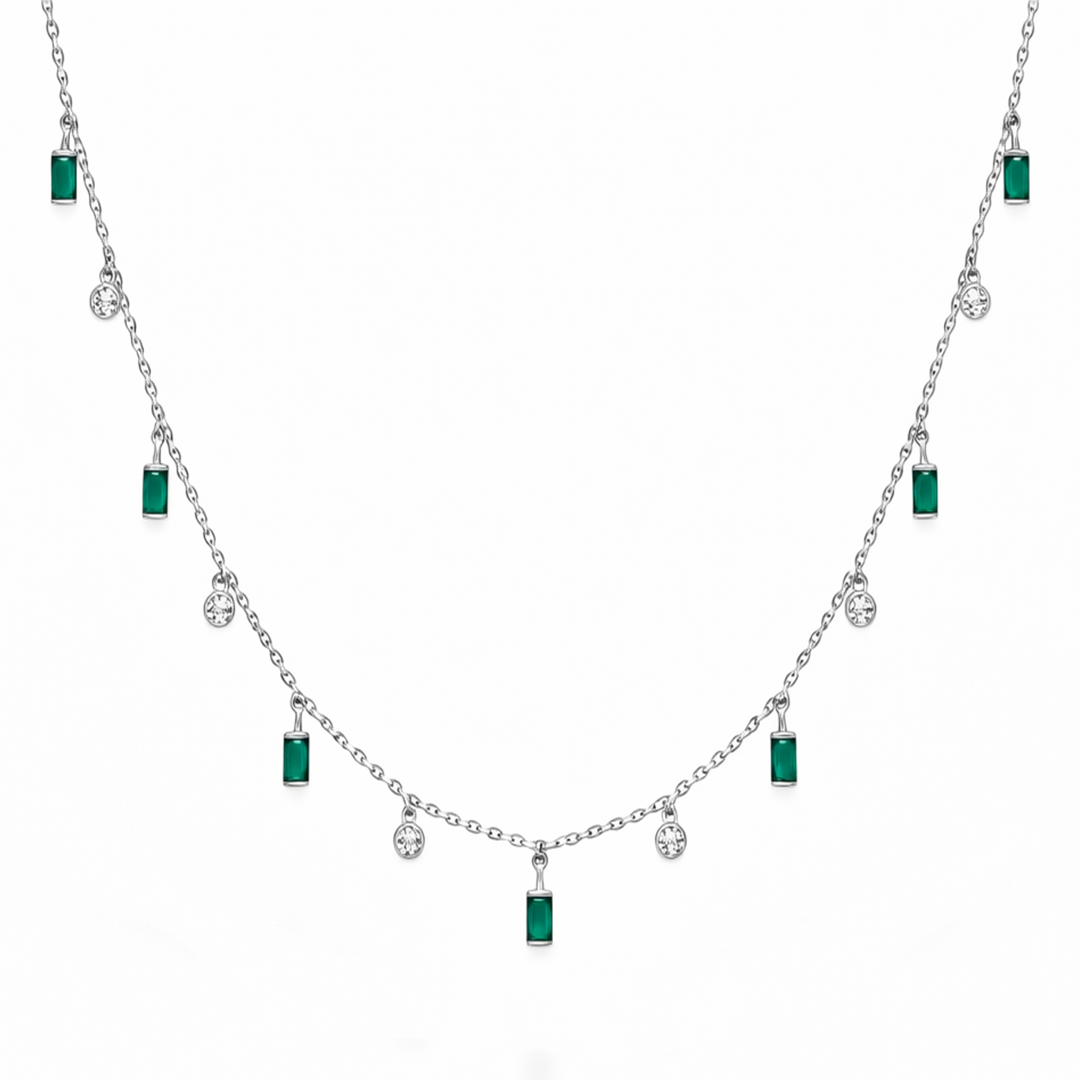 DROPPING BAGUETTE & ROUND STONES SILVER NECKLACE