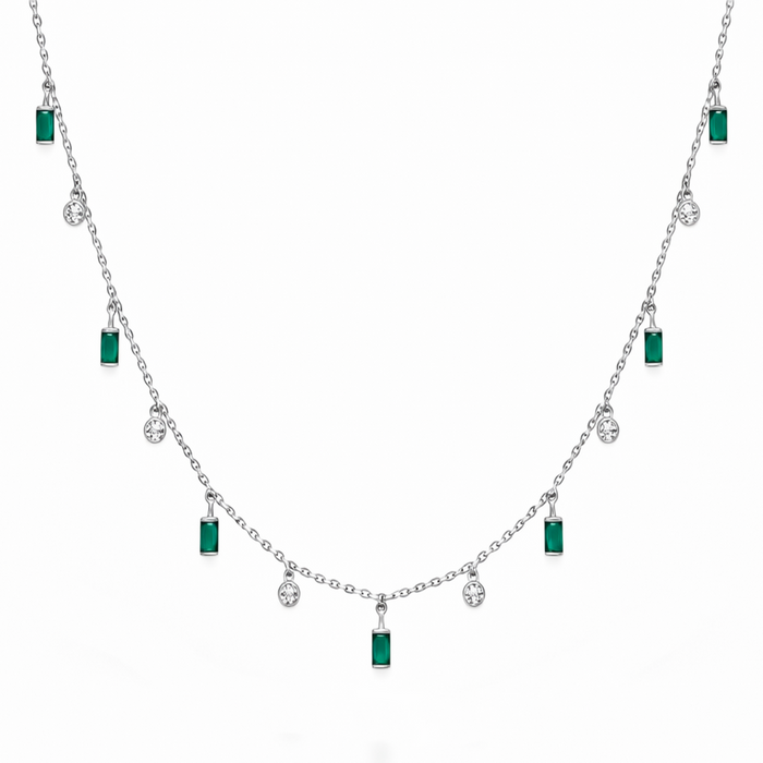 DROPPING BAGUETTE & ROUND STONES SILVER NECKLACE