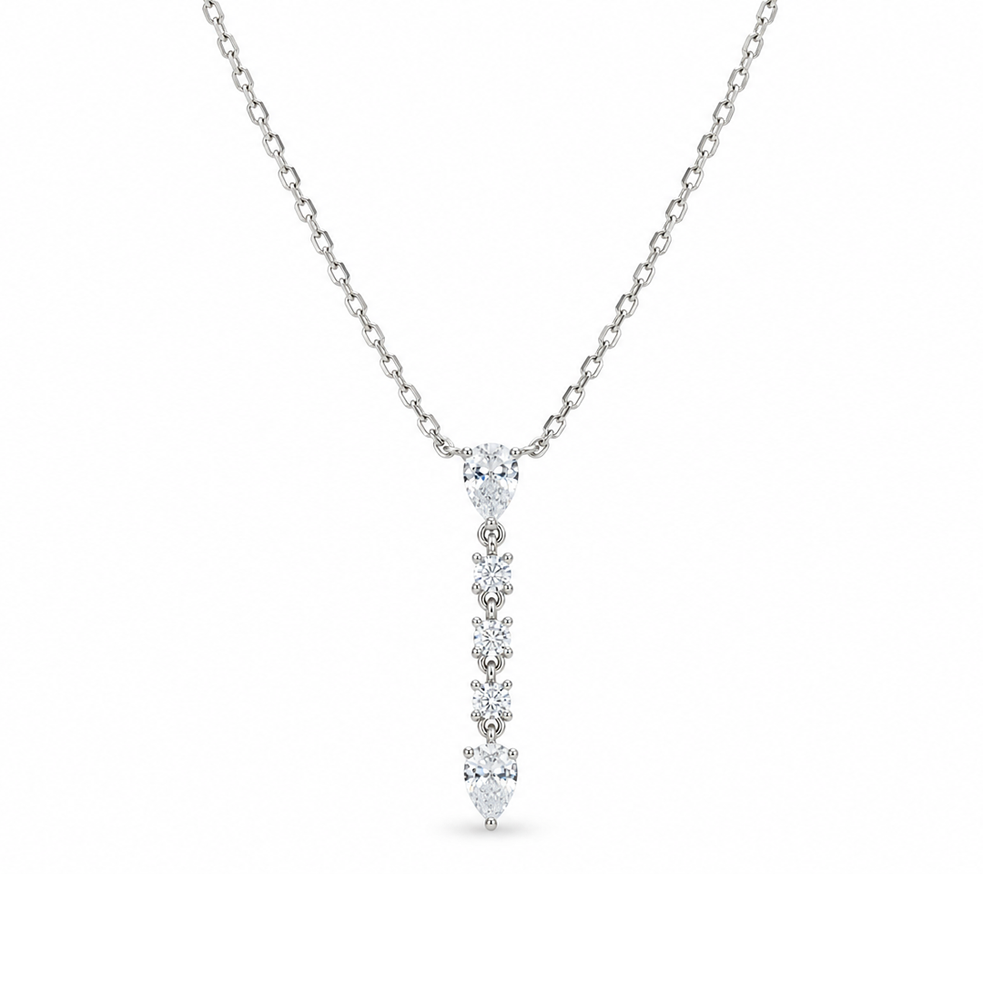 DROPPING PEAR & ROUND STONES SILVER NECKLACE