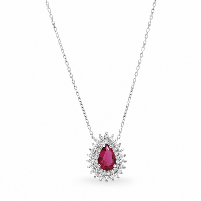 STUNNING FRAMED RUBY PEAR STONED SILVER NECKLACE