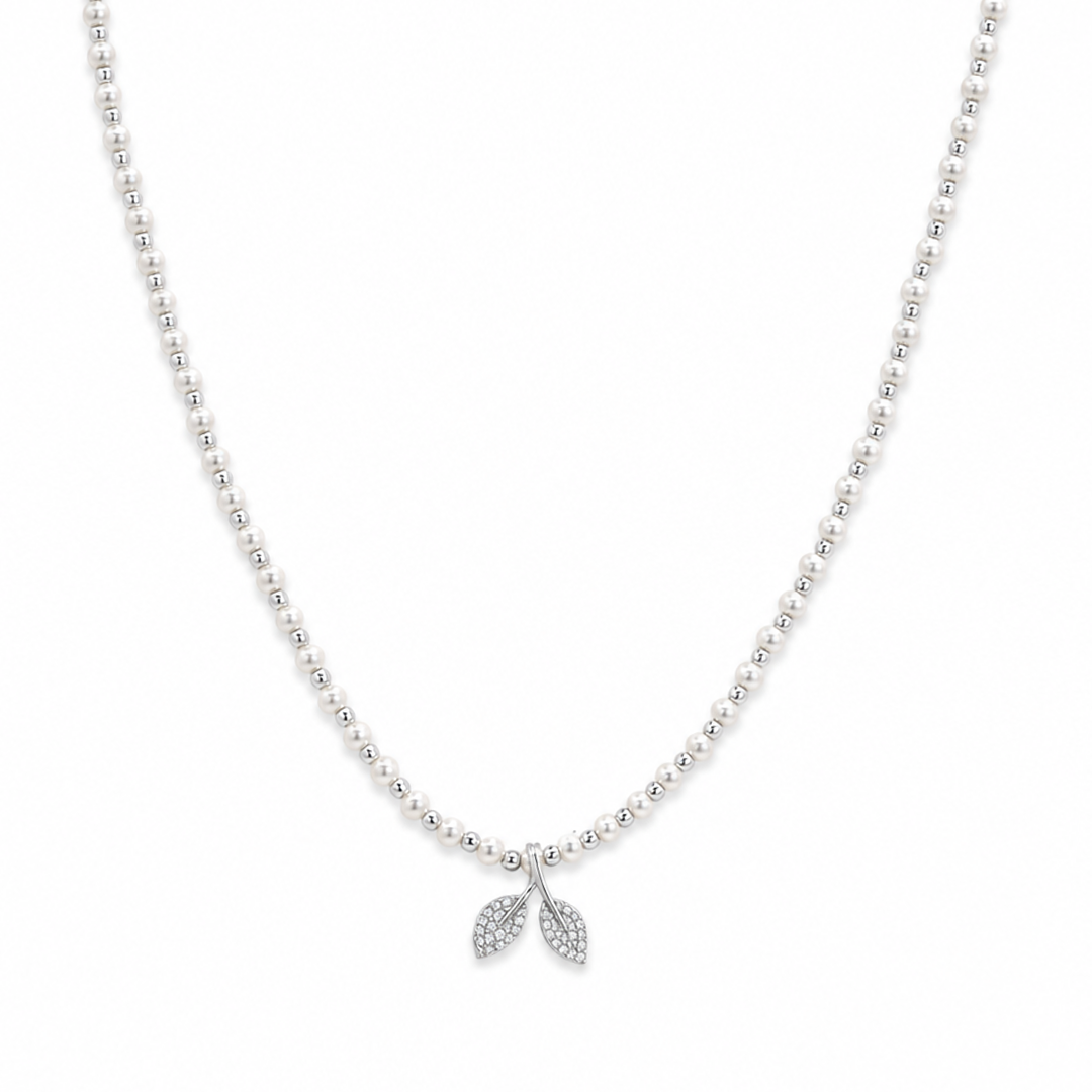 DOUBLE LEAF SHAPED PEARL SILVER NECKLACE