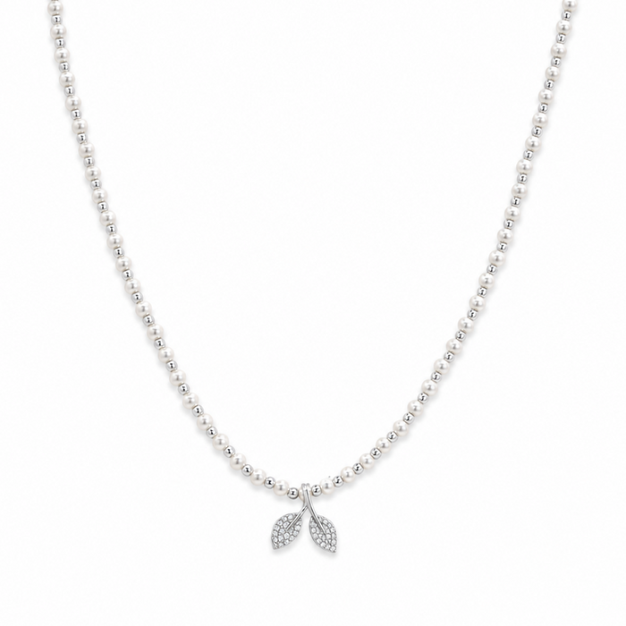 DOUBLE LEAF SHAPED PEARL SILVER NECKLACE
