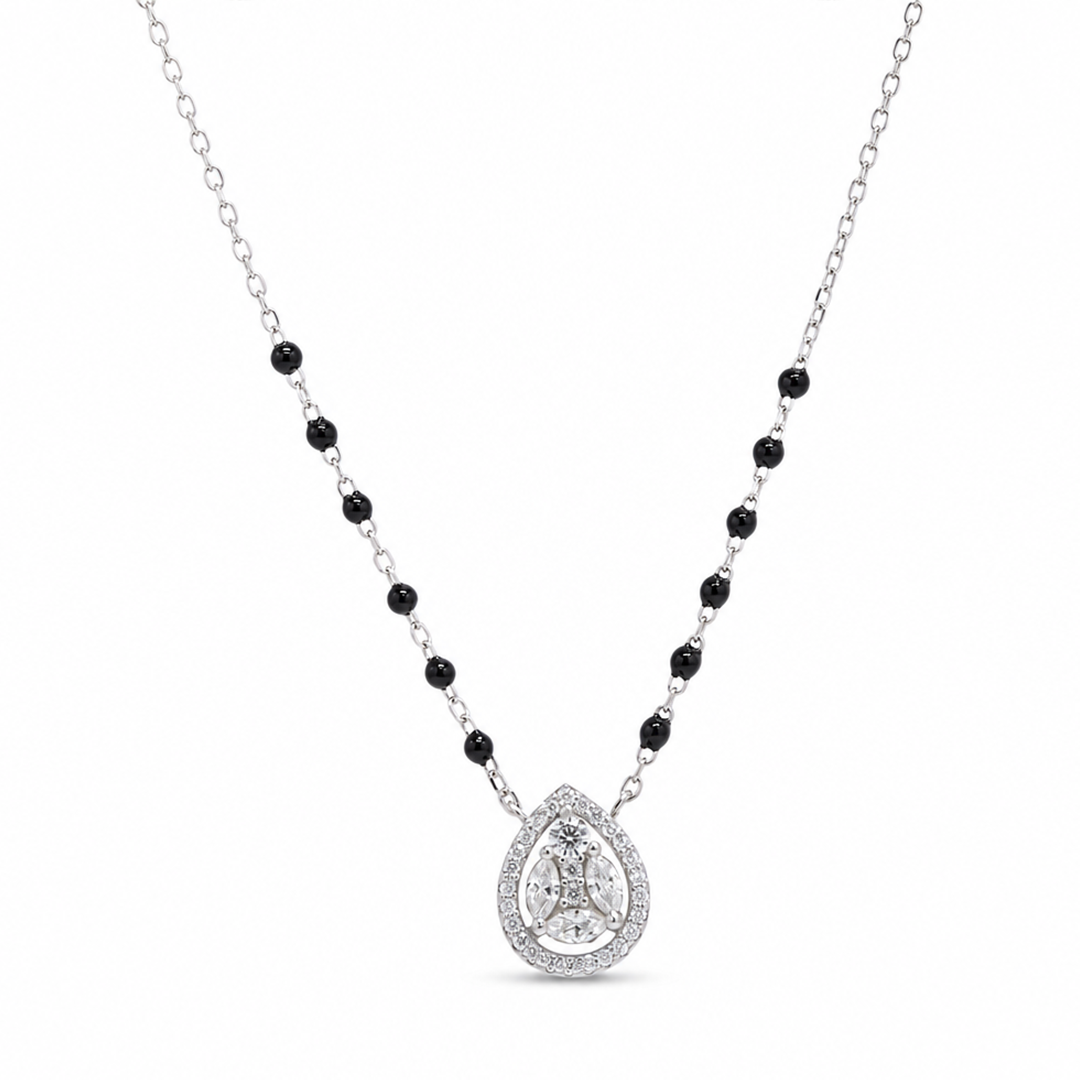 PEAR SHAPED BLACK BEADED SILVER NECKLACE