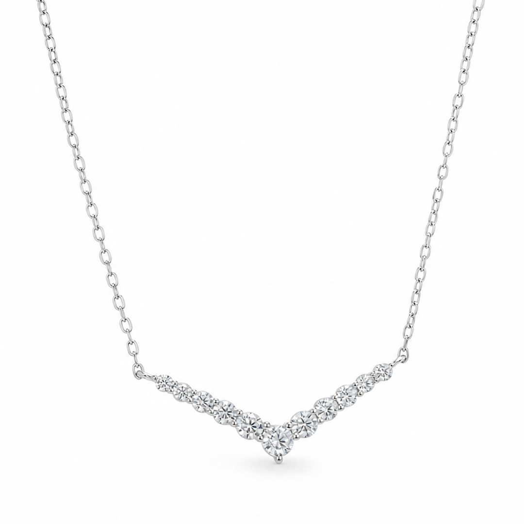 V-SHAPED ROUND STONED SILVER NECKLACE