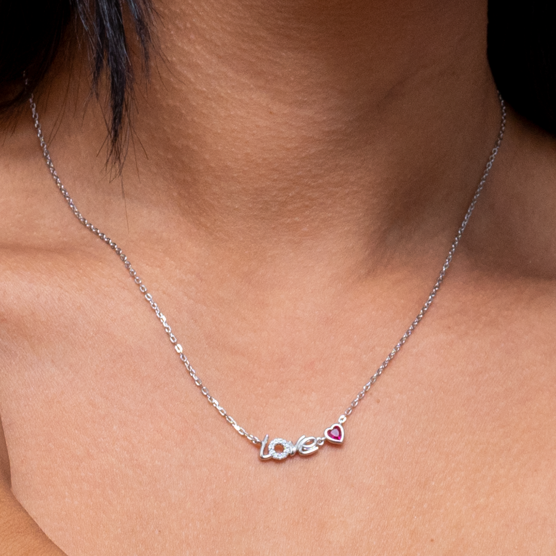 "LOVE" WORD PINK HEARTED LOVE SILVER NECKLACE