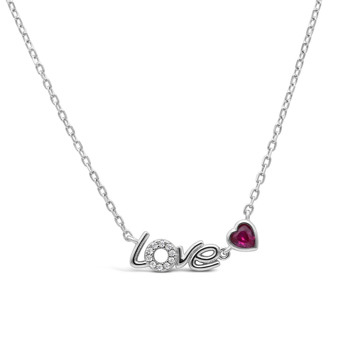 "LOVE" WORD PINK HEARTED LOVE SILVER NECKLACE