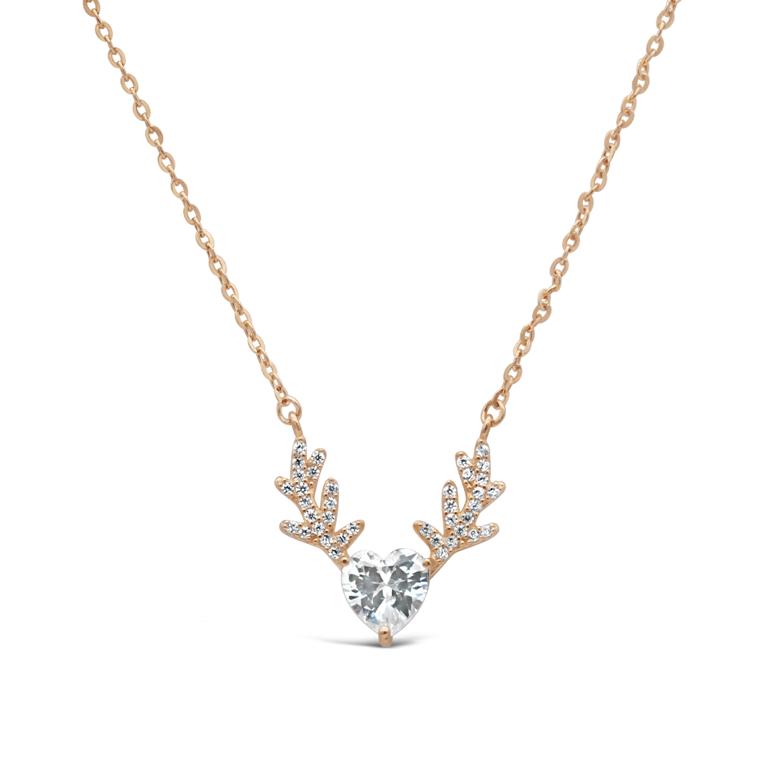 HEARTED DEER ANTLERS SILVER NECKLACE