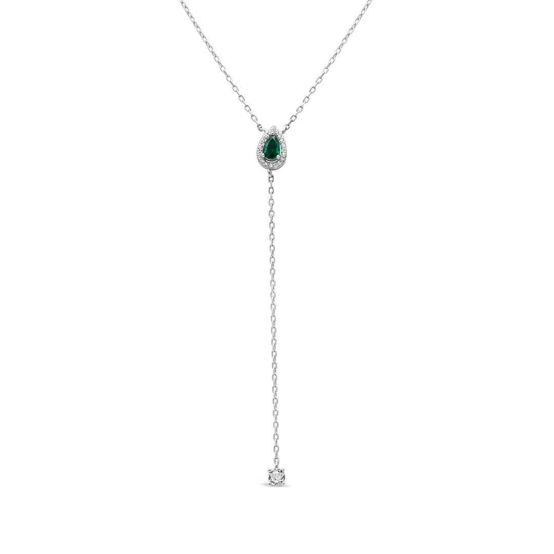 DROPPING ROUND EMERALD STONED SILVER NECKLACE