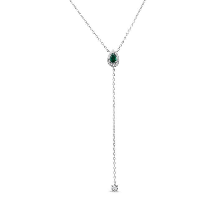 DROPPING ROUND EMERALD STONED SILVER NECKLACE
