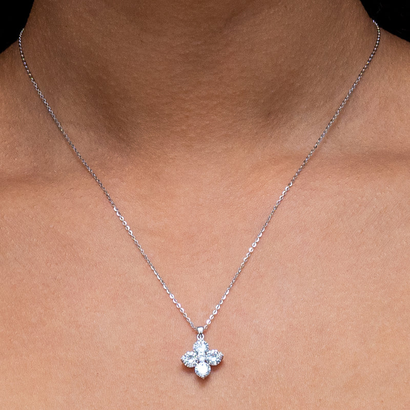 CROSS ROUND STONED SILVER NECKLACE