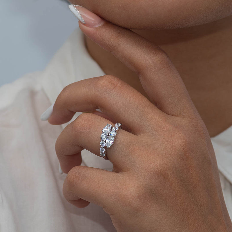 WRAP PEAR & ROUND STONED SILVER RING