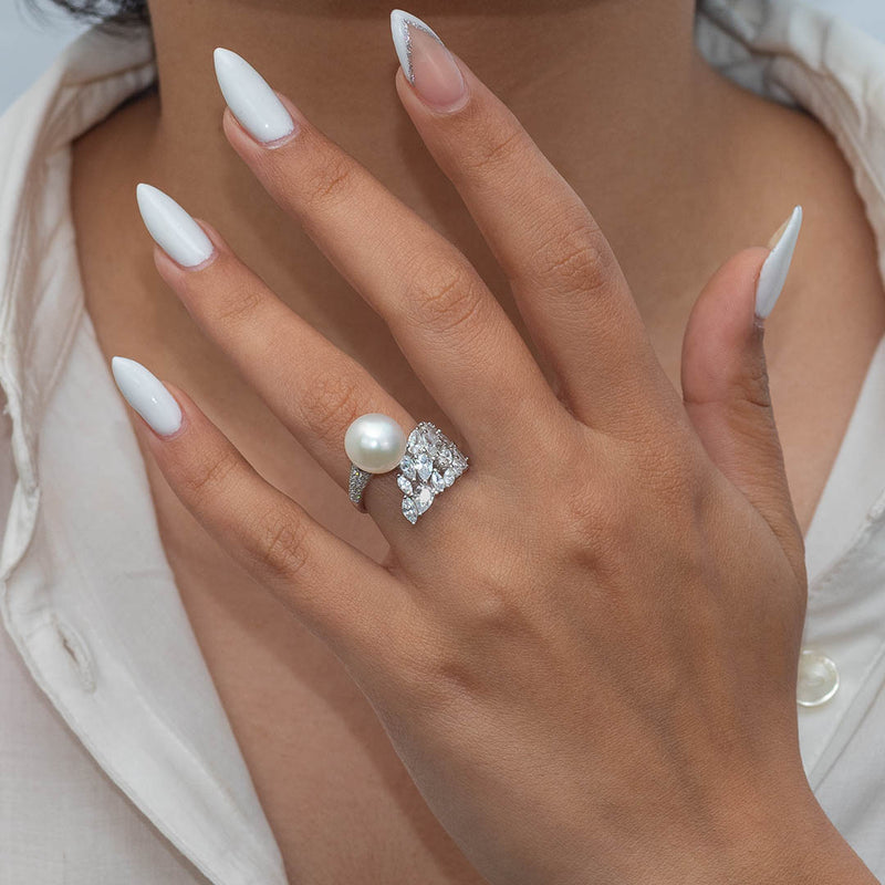 MARQUISE & PEAR STONED PEARL SILVER RING