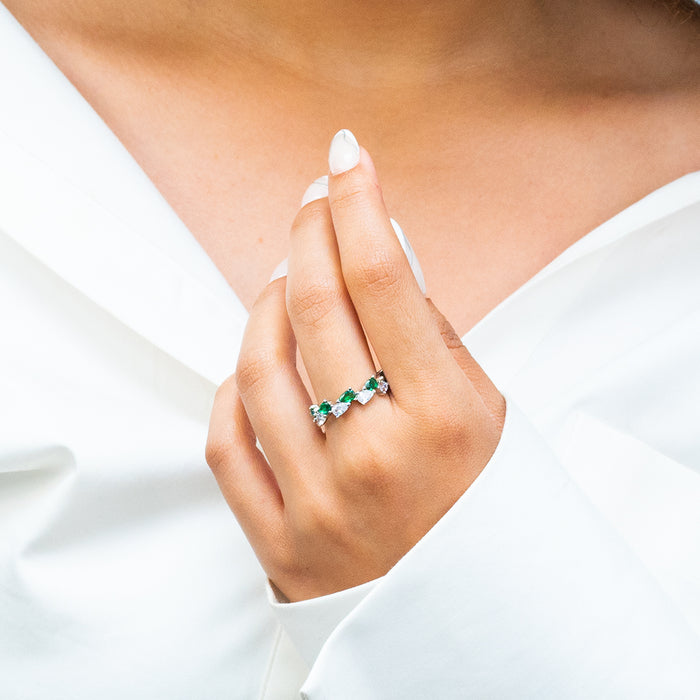 COLORED & COLORLESS PEAR STONES SILVER RING