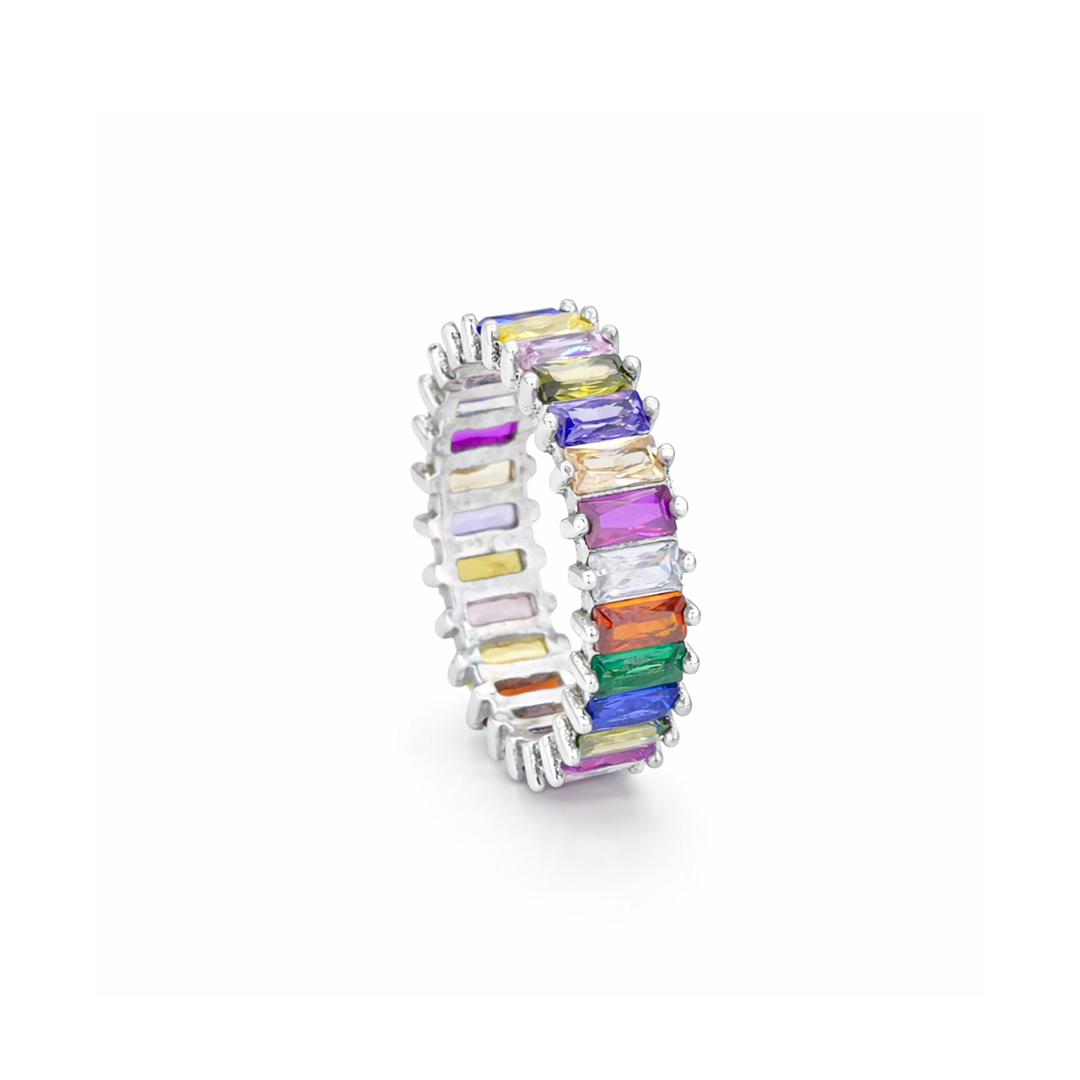MULTICOLORED BAGUETTE FULL ROUND SILVER BAND