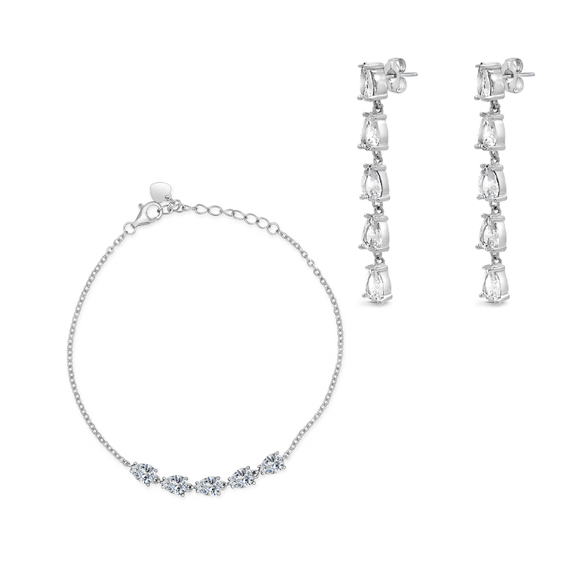 LINE OF PEARS BRACELET & STUD EARRING HALF SILVER SET