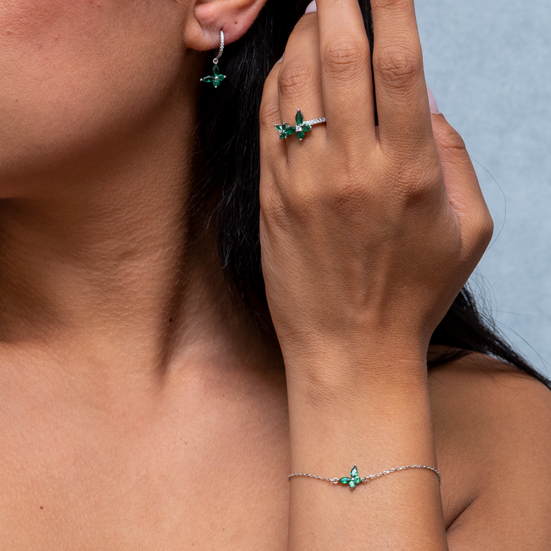 GREEN BUTTERFLIES BRACELET , EARRING & RING SILVER SET