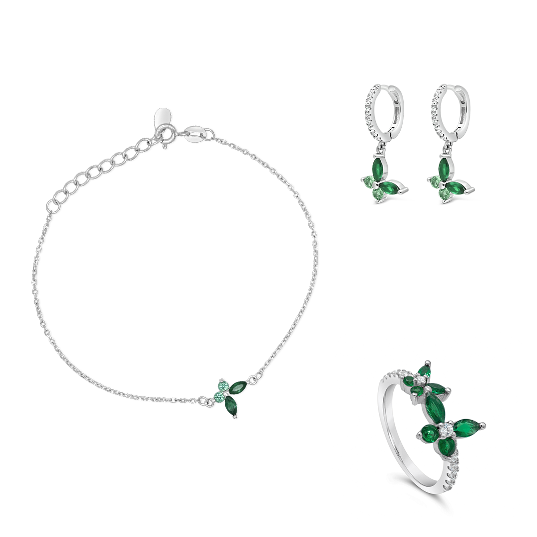 GREEN BUTTERFLIES BRACELET , EARRING & RING SILVER SET