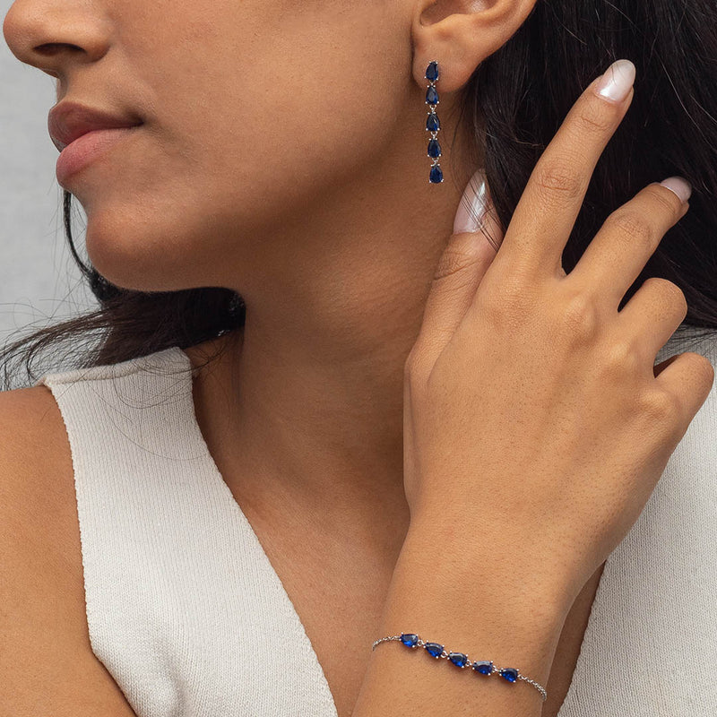 BLUE LINE OF PEARS BRACELET & STUD EARRING HALF SILVER SET